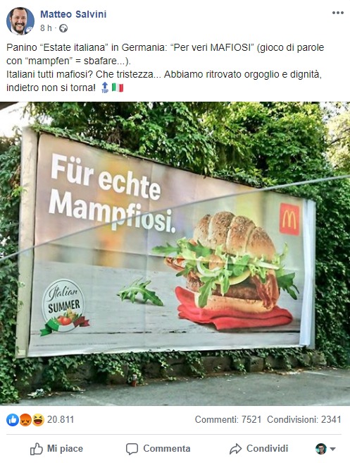 Frasi Di Natale In Tedesco.Salvini Attacca Germania E Mcdonald S Per Il Panino Italiano Per Mafiosi Ma Sbaglia Il Paese Open